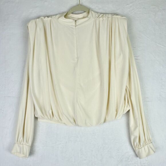 Express Gathered Mock Neck Long Sleeve Top Size Medium Statement Shoulder Cream - Picture 3 of 6